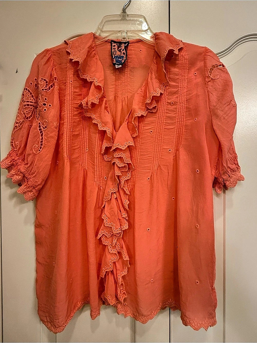 Johnny Was Embroidered Ruffle Blouse in Orange Size XS